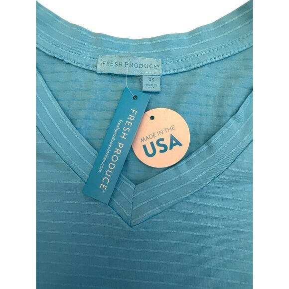 Fresh Produce Turquoise Blue V-Neck Striped T-Shirt XS Cotton Short Sleeve NWT - Picture 2 of 4